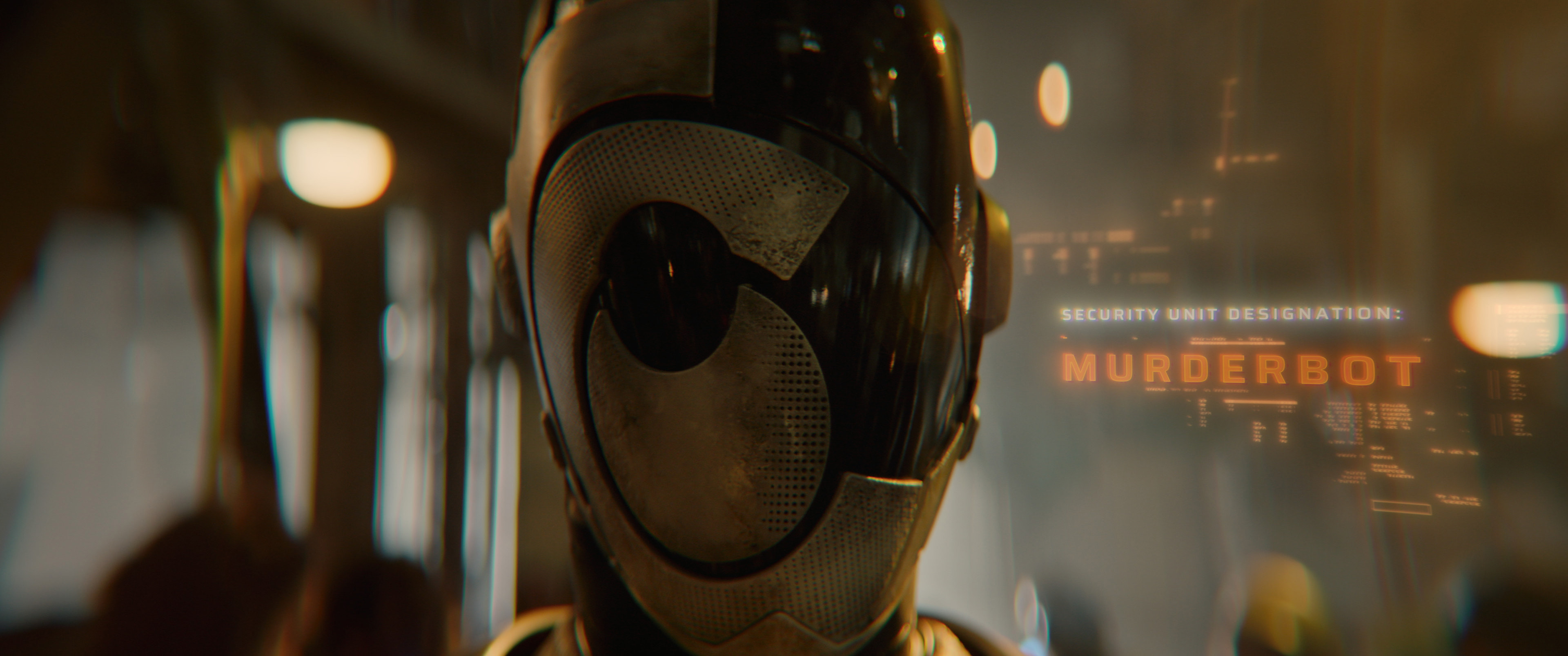 Close-up of Murderbot’s helmeted face